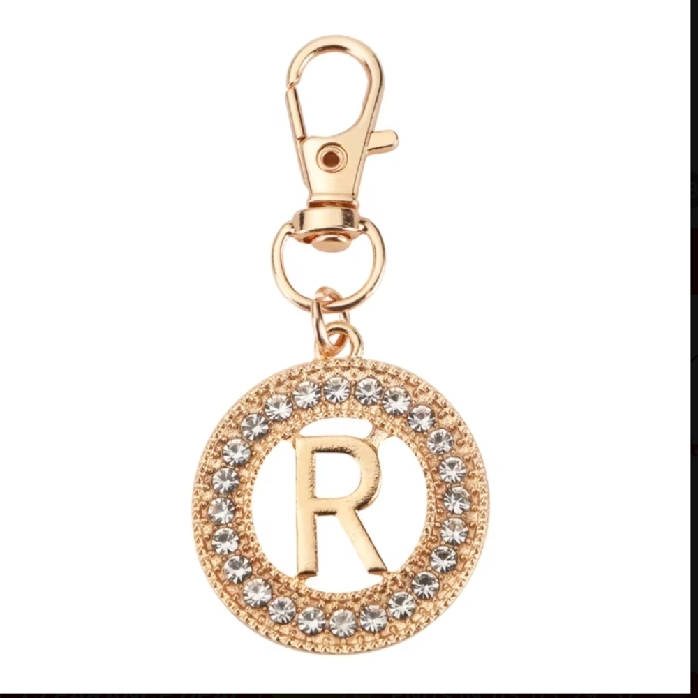 Gold Initial 'R' Crystal Charm Keychain - Fashion Home Accent